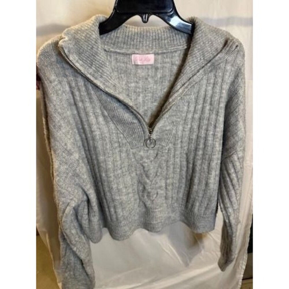Pink Lily Gray Ribbed Cropped Half-Zip Sweater – Size L